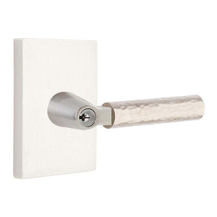 Key In L-Square Hammered Right Handed Lever with Modern Rectangular Rosette in Satin Nickel