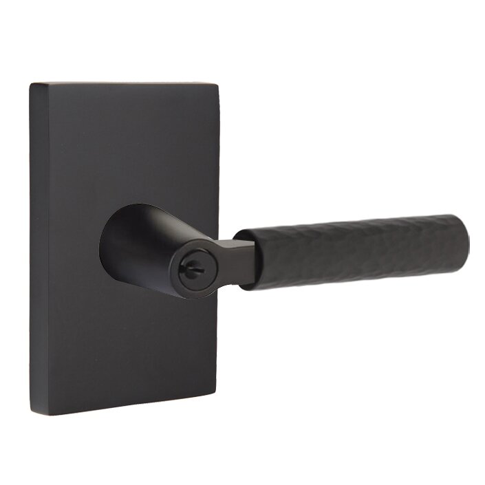 Key In L-Square Hammered Right Handed Lever with Modern Rectangular Rosette in Flat Black