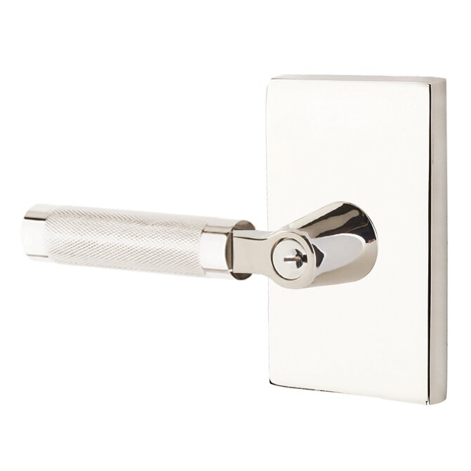 Key In L-Square Knurled Left Handed Lever with Modern Rectangular Rosette in Polished Nickel