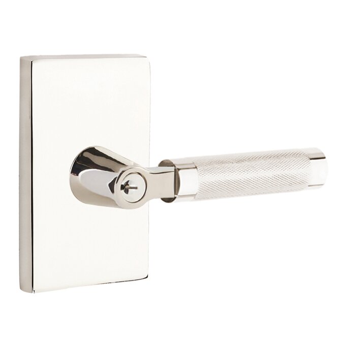 Key In L-Square Knurled Right Handed Lever with Modern Rectangular Rosette in Polished Nickel