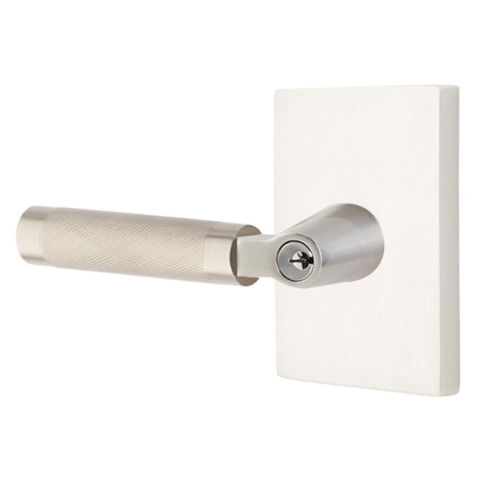 Key In L-Square Knurled Left Handed Lever with Modern Rectangular Rosette in Satin Nickel