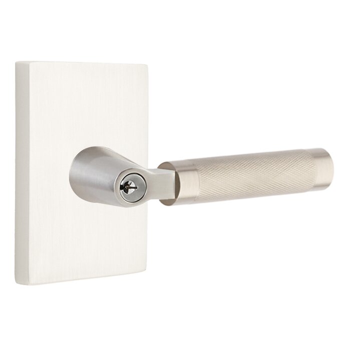 Key In L-Square Knurled Right Handed Lever with Modern Rectangular Rosette in Satin Nickel