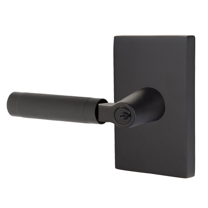 Key In L-Square Knurled Left Handed Lever with Modern Rectangular Rosette in Flat Black