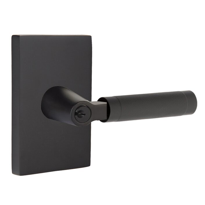 Key In L-Square Knurled Right Handed Lever with Modern Rectangular Rosette in Flat Black