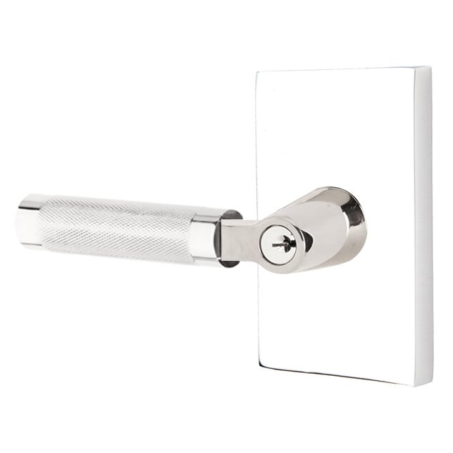 Key In L-Square Knurled Left Handed Lever with Modern Rectangular Rosette in Polished Chrome