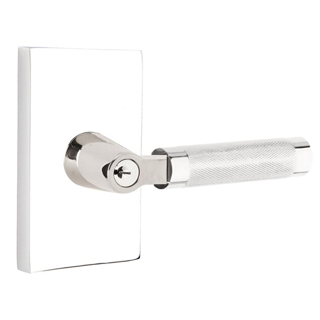 Key In L-Square Knurled Right Handed Lever with Modern Rectangular Rosette in Polished Chrome