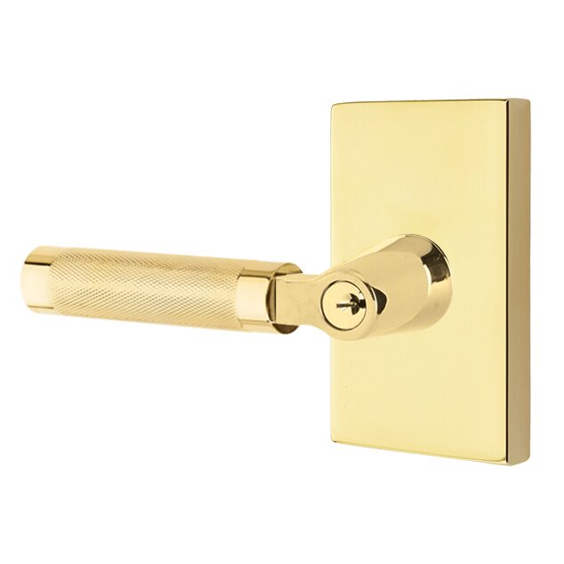 Key In L-Square Knurled Left Handed Lever with Modern Rectangular Rosette in Unlacquered Brass