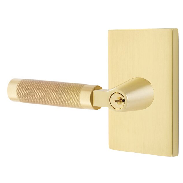 Key In L-Square Knurled Left Handed Lever with Modern Rectangular Rosette in Satin Brass