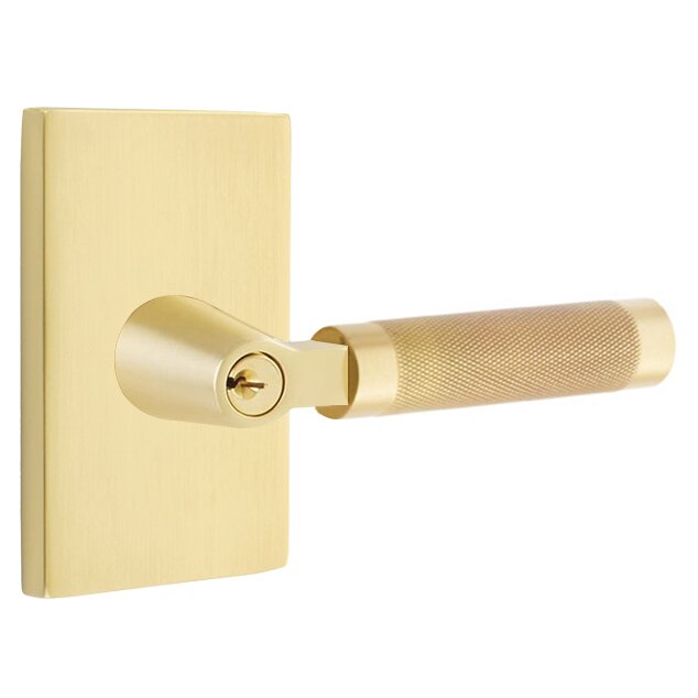 Key In L-Square Knurled Right Handed Lever with Modern Rectangular Rosette in Satin Brass