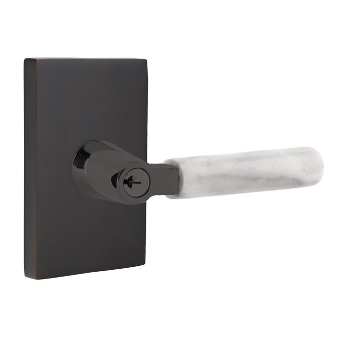 Key In L-Square White Marble Right Handed Lever with Modern Rectangular Rosette in Oil Rubbed Bronze