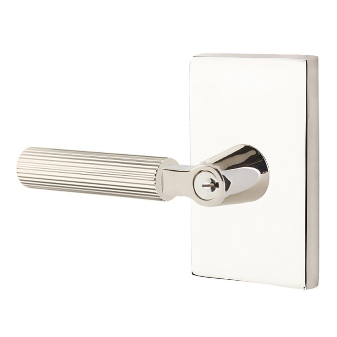 Key In L-Square Straight Knurled Left Handed Lever with Modern Rectangular Rosette in Polished Nickel