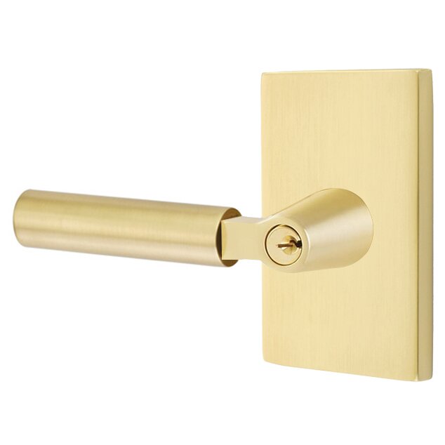 Key In L-Square Smooth Left Handed Lever with Modern Rectangular Rosette in Satin Brass