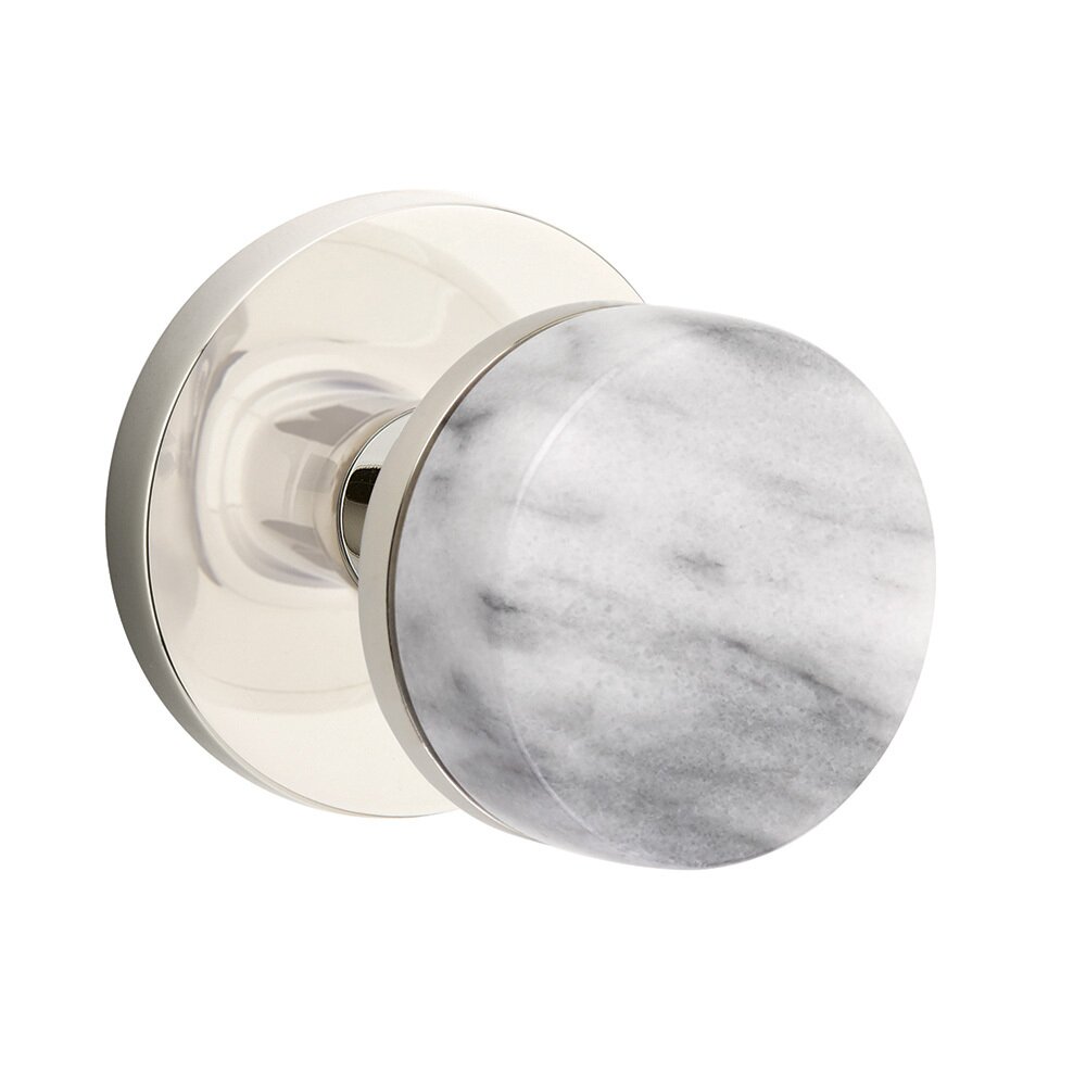 Privacy Disk Rosette with Concealed Screws Conical Stem and White Marble Knob in Polished Nickel
