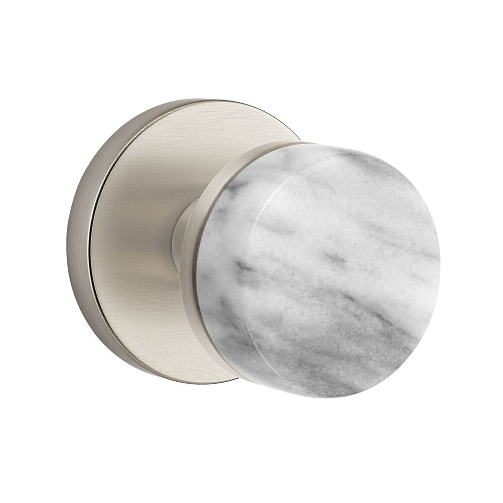 Privacy Disk Rosette with Conical Stem and White Marble Knob in Satin Nickel