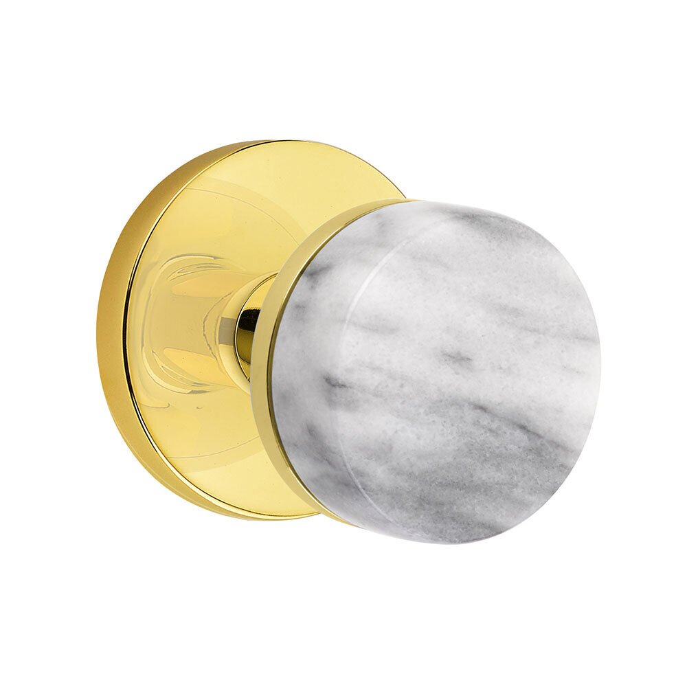 Privacy Disk Rosette with Concealed Screws Conical Stem and White Marble Knob in Unlacquered Brass