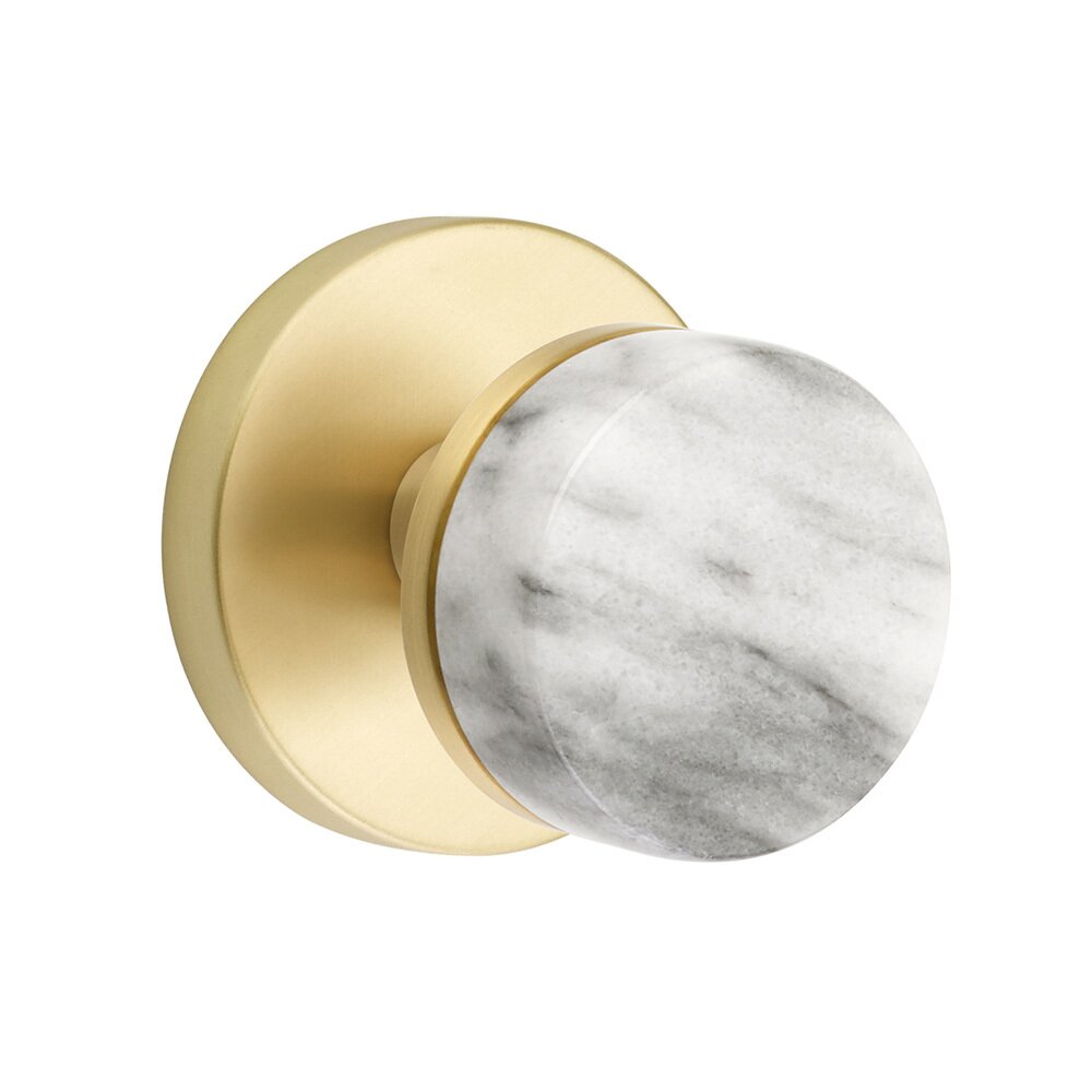 Privacy Disk Rosette with Conical Stem and White Marble Knob in Satin Brass