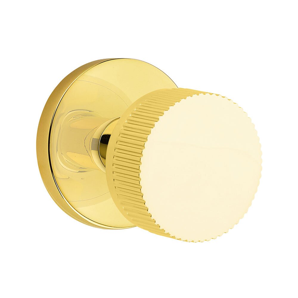 Privacy Disk Rosette with Concealed Screws Conical Stem and Straight Knurled Knob in Unlacquered Brass