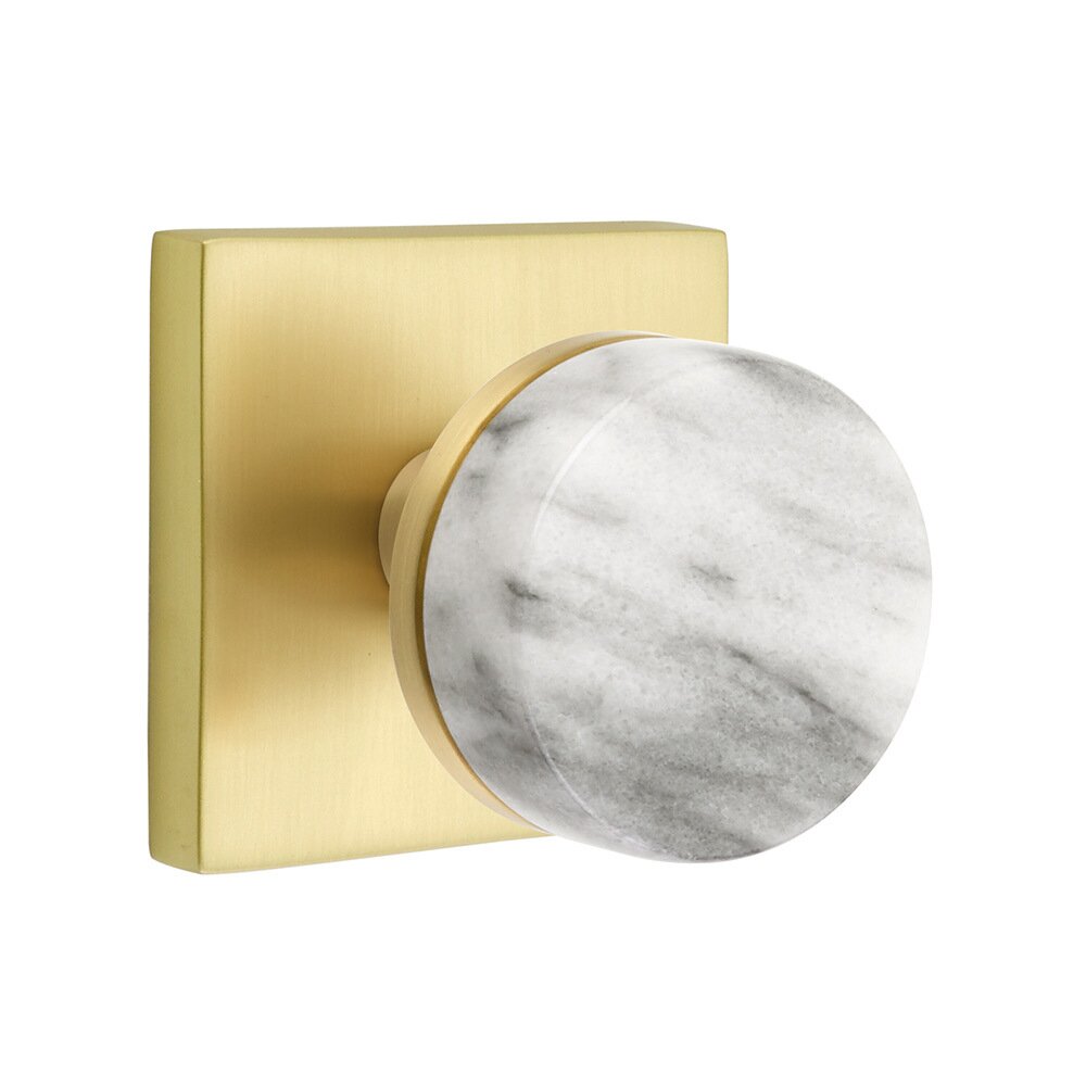 Privacy Square Rosette with Conical Stem and White Marble Knob in Satin Brass
