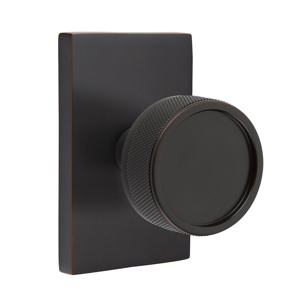 Privacy Modern Rectangular Rosette with Concealed Screws Conical Stem and Knurled Knob in Oil Rubbed Bronze