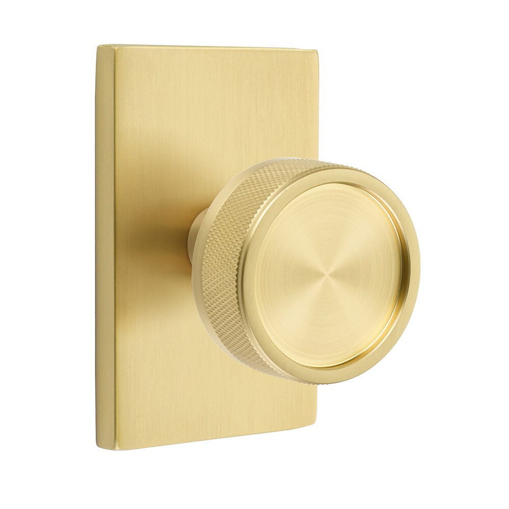 Privacy Modern Rectangular Rosette with Concealed Screws Conical Stem and Knurled Knob in Satin Brass