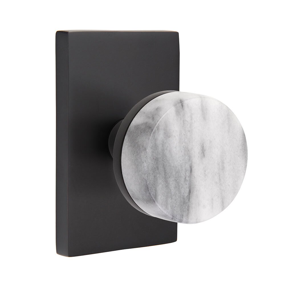 Privacy Modern Rectangular Rosette with Concealed Screws Conical Stem and White Marble Knob in Flat Black
