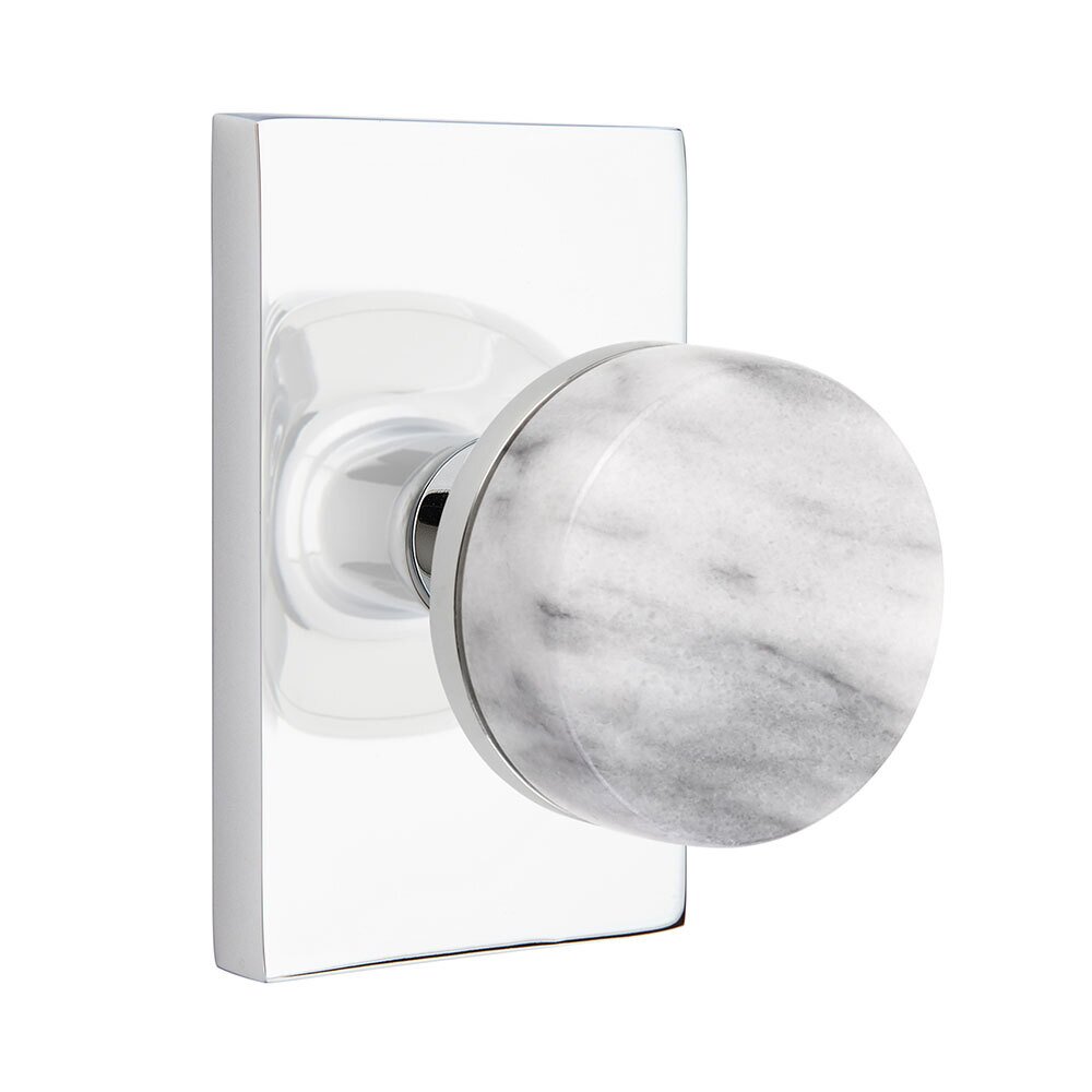 Privacy Modern Rectangular Rosette with Concealed Screws Conical Stem and White Marble Knob in Polished Chrome