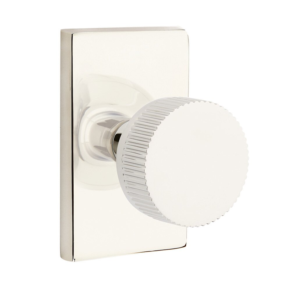 Privacy Modern Rectangular Rosette with Conical Stem and Straight Knurled Knob in Polished Nickel
