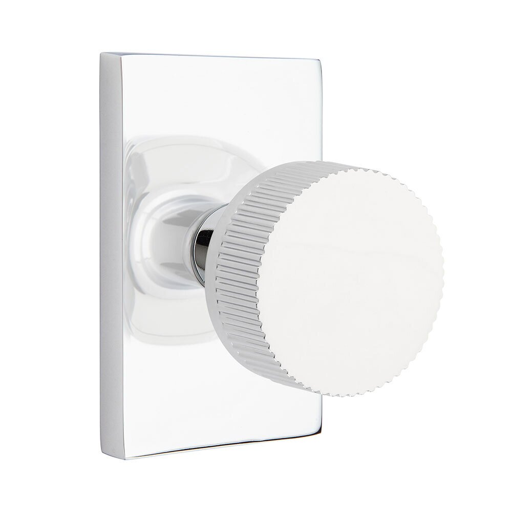 Privacy Modern Rectangular Rosette with Concealed Screws Conical Stem and Straight Knurled Knob in Polished Chrome
