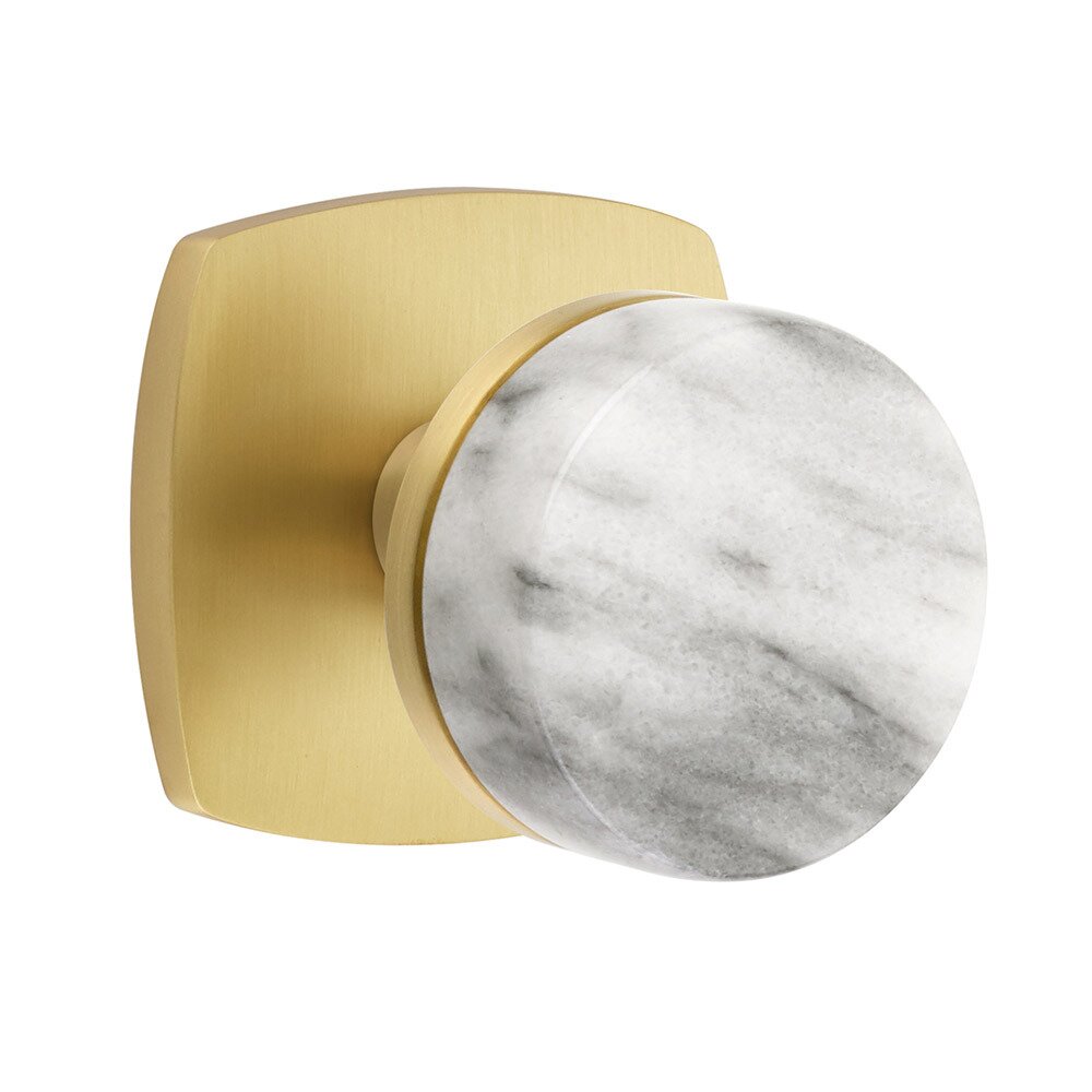 Privacy Urban Modern Rosette with Conical Stem and White Marble Knob in Satin Brass