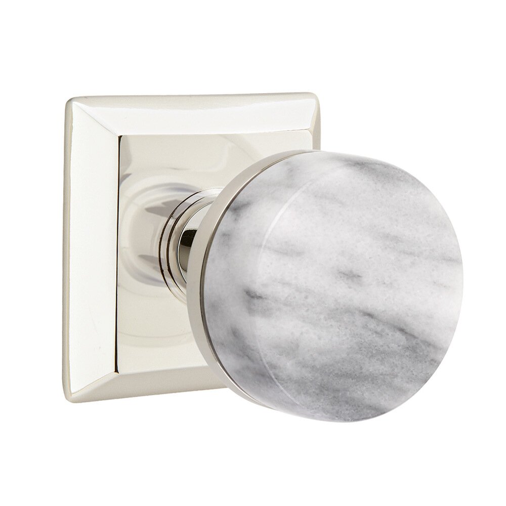 Passage Quincy Rosette with Concealed Screws Conical Stem and White Marble Knob in Polished Nickel