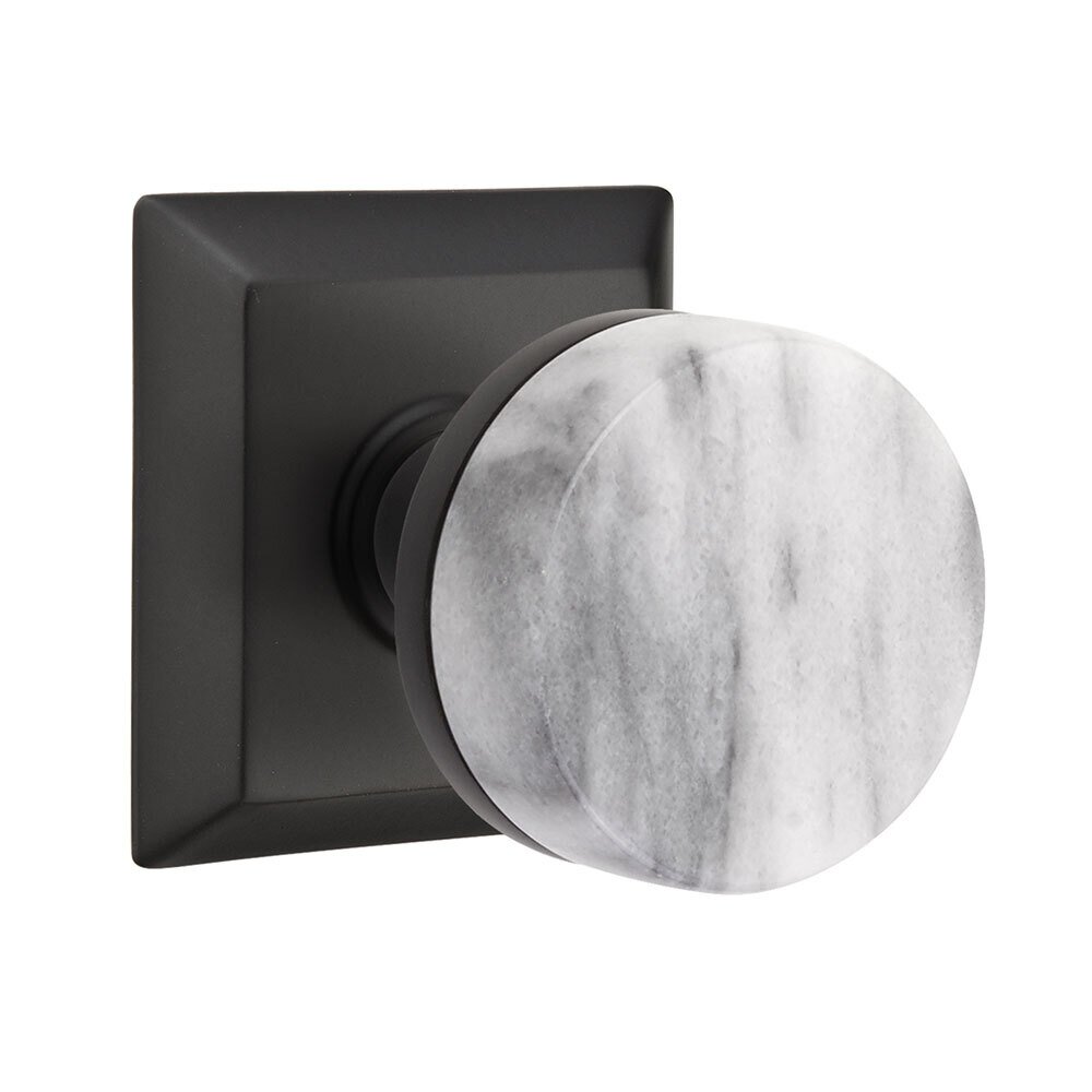 Passage Quincy Rosette with Concealed Screws Conical Stem and White Marble Knob in Flat Black
