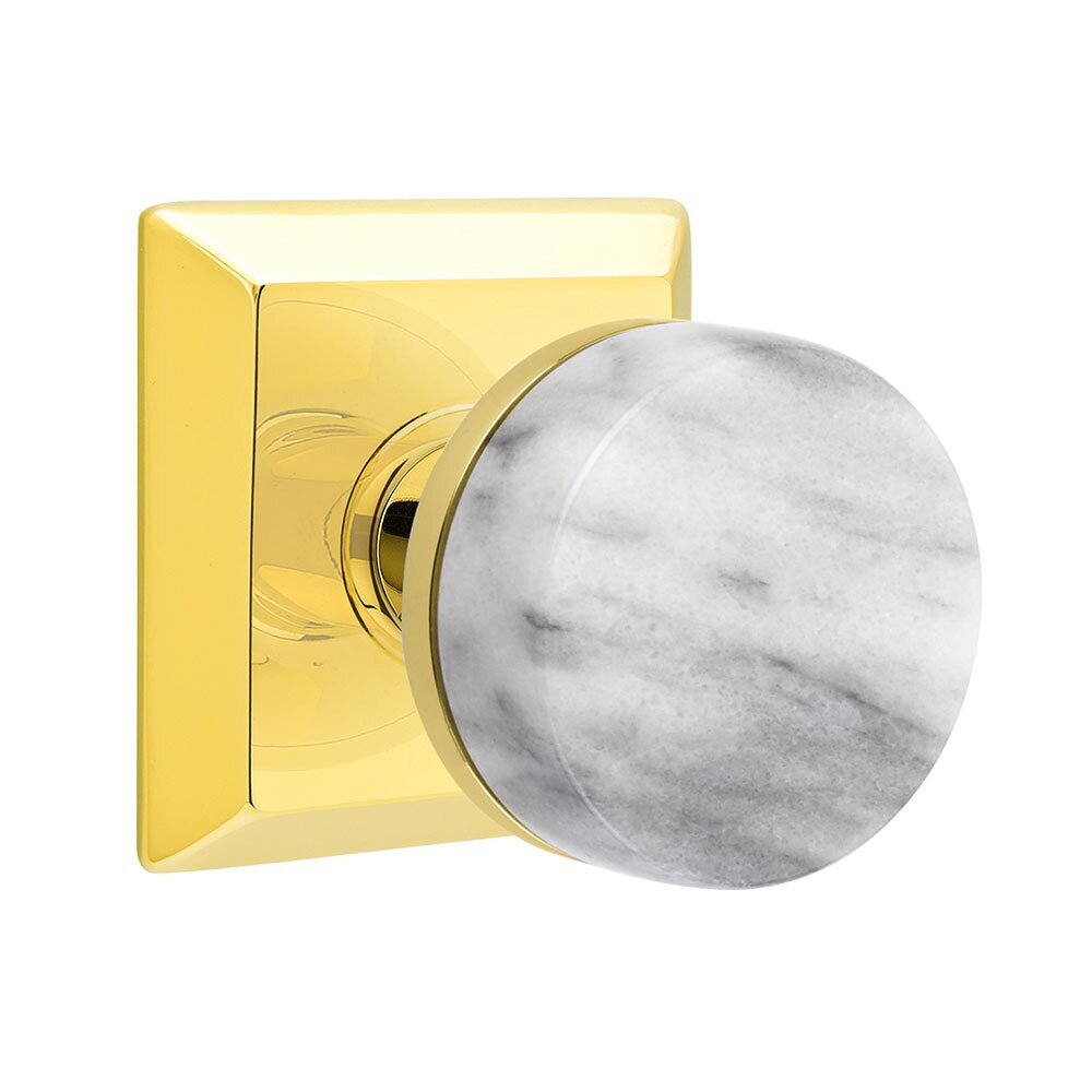 Passage Quincy Rosette with Conical Stem and White Marble Knob in Unlacquered Brass