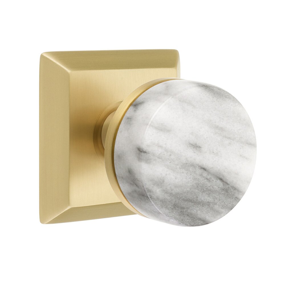 Passage Quincy Rosette with Concealed Screws Conical Stem and White Marble Knob in Satin Brass