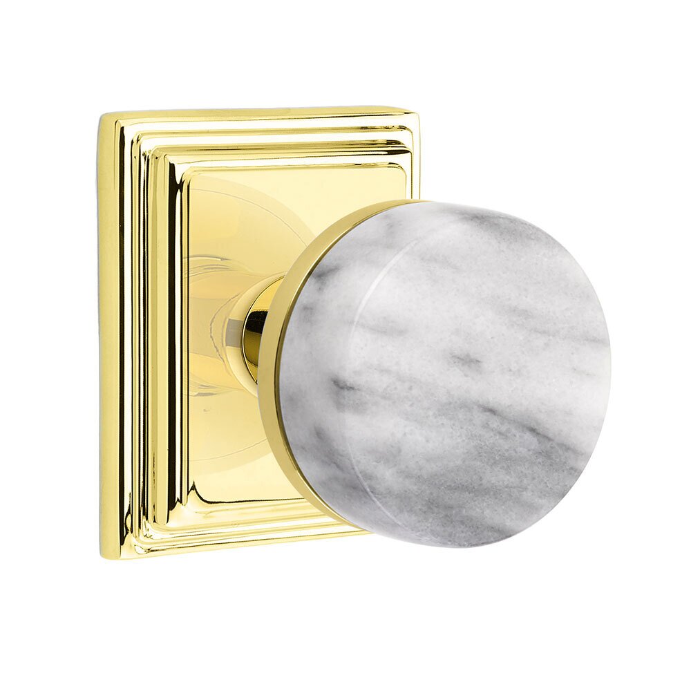 Passage Wilshire Rosette with Conical Stem and White Marble Knob in Unlacquered Brass