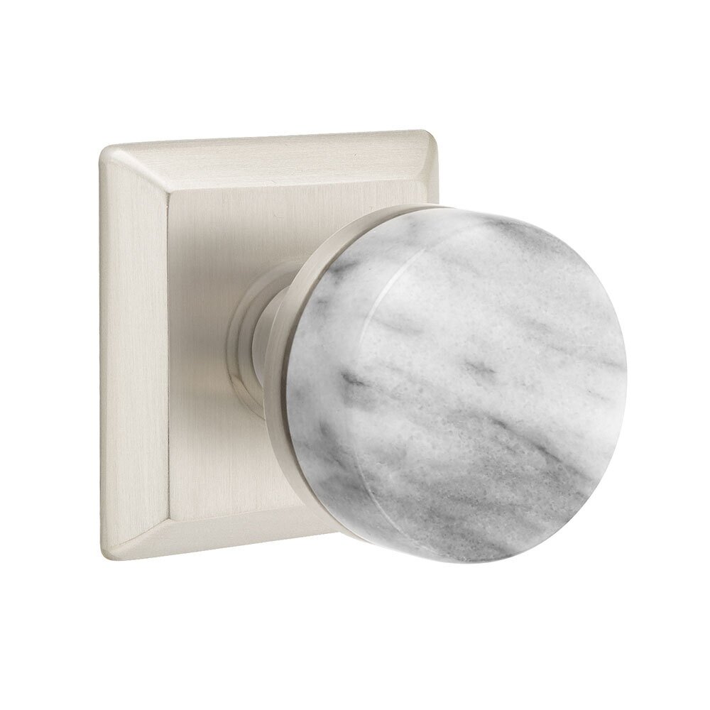 Privacy Quincy Rosette with Concealed Screws Conical Stem and White Marble Knob in Satin Nickel