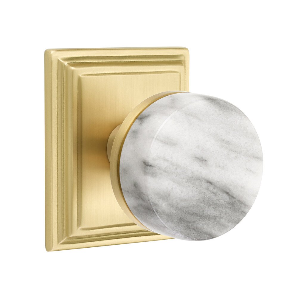 Privacy Wilshire Rosette with Conical Stem and White Marble Knob in Satin Brass