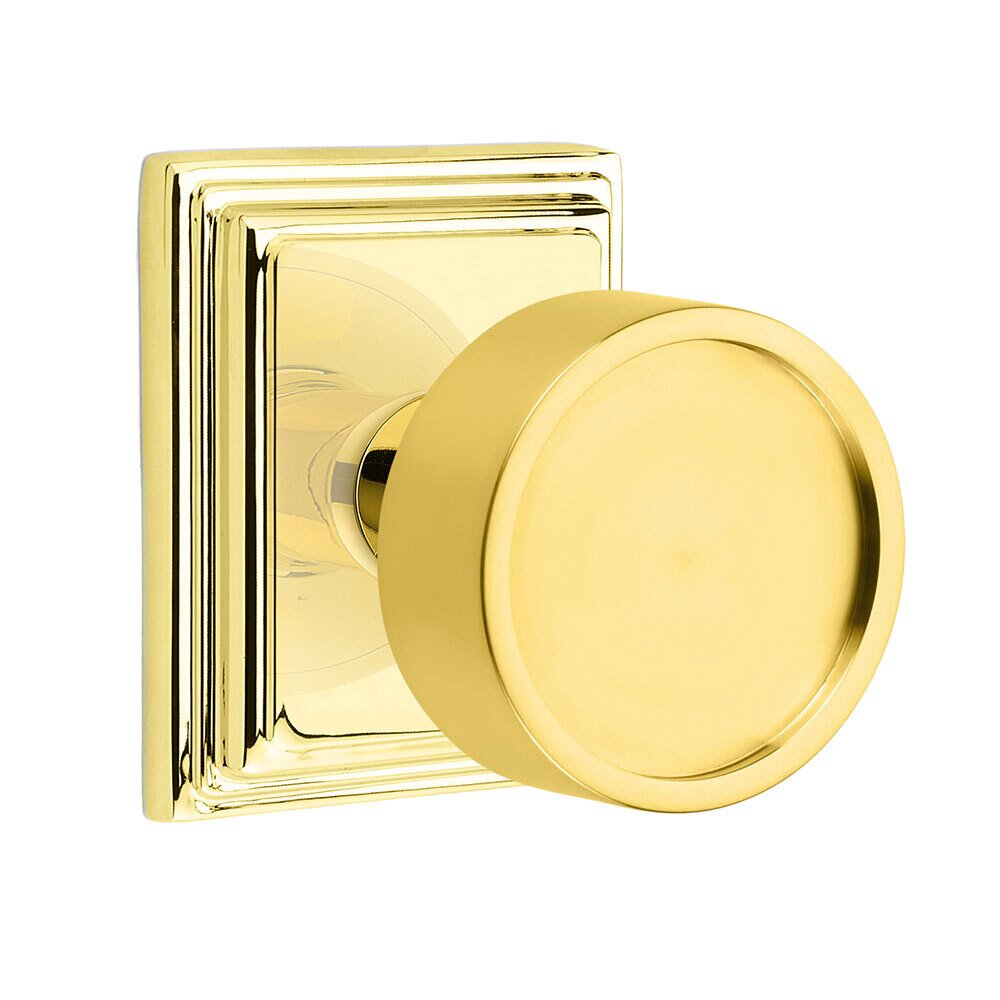 Privacy Verve Door Knob And Wilshire Rose with Concealed Screws in Unlacquered Brass