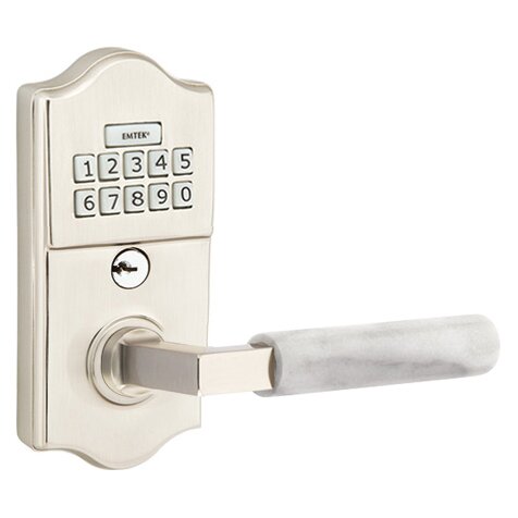 Classic - L-Square White Marble Lever Electronic Touchscreen Storeroom Lock in Satin Nickel