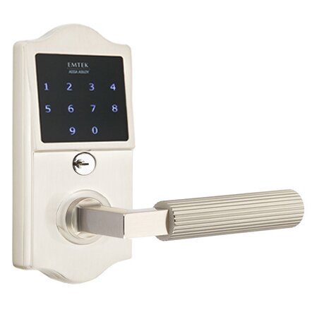 Emtouch Classic - L-Square Straight Knurled Lever Electronic Touchscreen Storeroom Lock in Satin Nickel