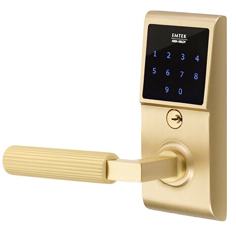 Emtouch - L-Square Straight Knurled Lever Electronic Touchscreen Storeroom Lock in Satin Brass