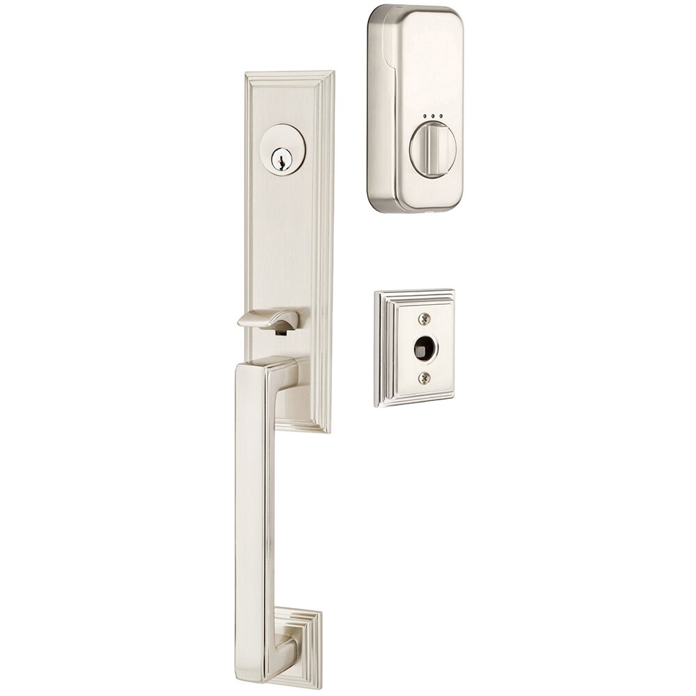 Wilshire Handleset with Empowered Smart Lock Upgrade and Ribbon and Reed Left Handed Lever in Satin Nickel