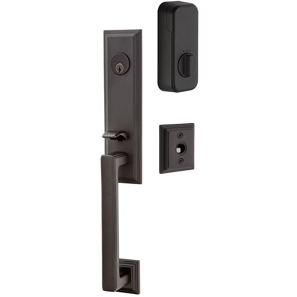 Wilshire Handleset with Empowered Smart Lock Upgrade and Poseidon Left Handed Lever in Flat Black