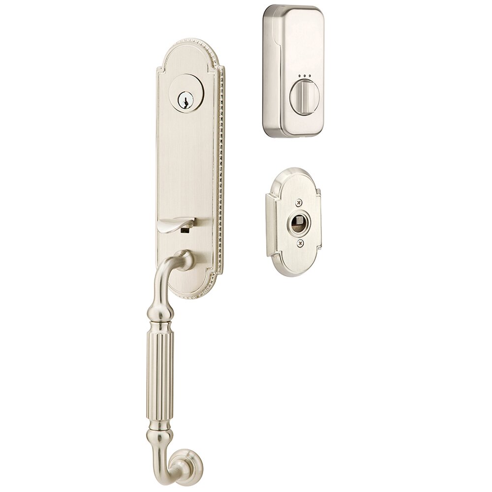 Orleans Handleset with Empowered Smart Lock Upgrade and Dumont Left Handed Lever in Satin Nickel