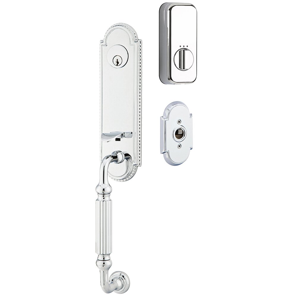 Orleans Handleset with Empowered Smart Lock Upgrade and Poseidon Right Handed Lever in Polished Chrome