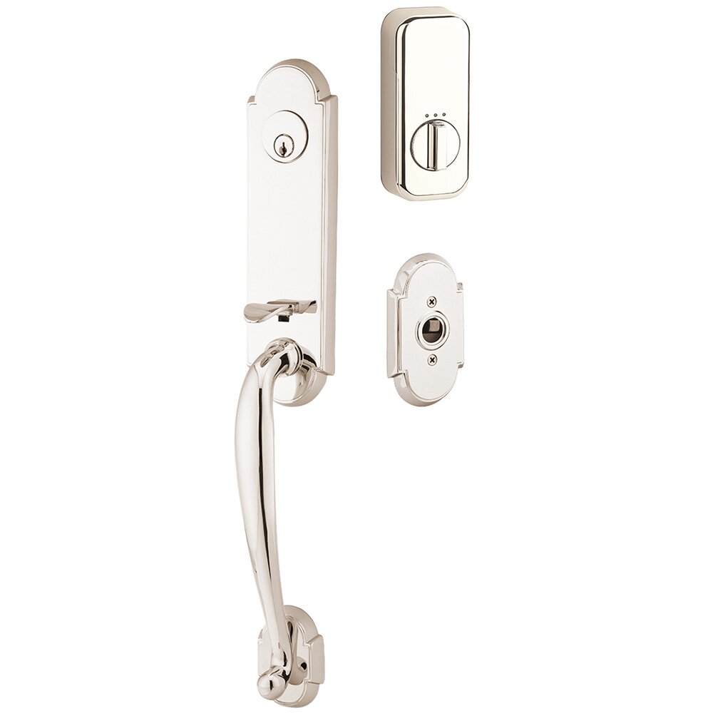 Richmond Handleset with Empowered Smart Lock Upgrade and Modern Disc Crystal Knob in Polished Nickel