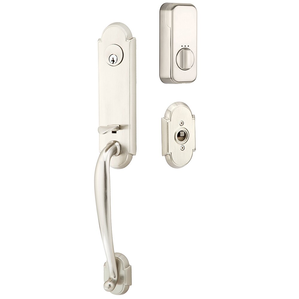 Richmond Handleset with Empowered Smart Lock Upgrade and Ribbon and Reed Left Handed Lever in Satin Nickel