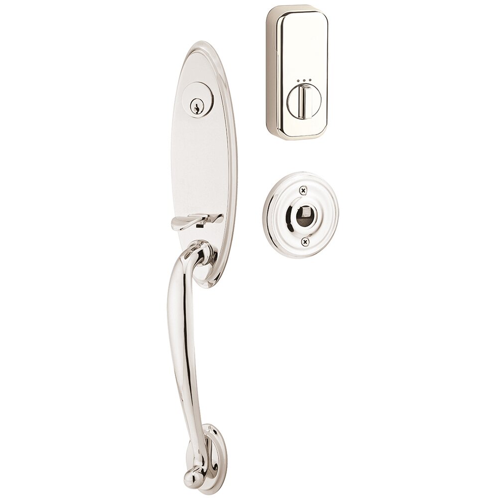 Marietta Handleset with Empowered Smart Lock Upgrade and Milano Left Handed Lever in Polished Nickel