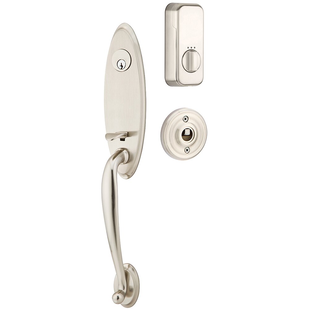 Marietta Handleset with Empowered Smart Lock Upgrade and Helios Right Handed Lever in Satin Nickel