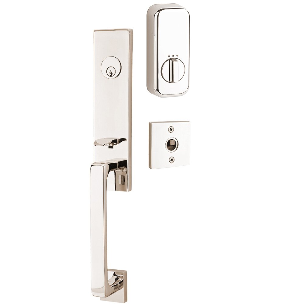 Davos Handleset with Empowered Smart Lock Upgrade and Milano Left Handed Lever in Polished Nickel