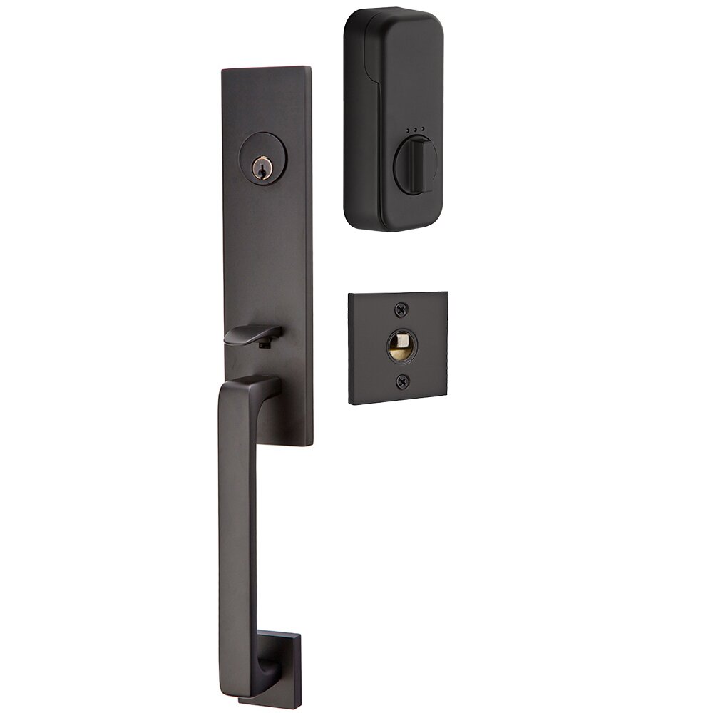 Davos Handleset with Empowered Smart Lock Upgrade and Milano Right Handed Lever in Flat Black